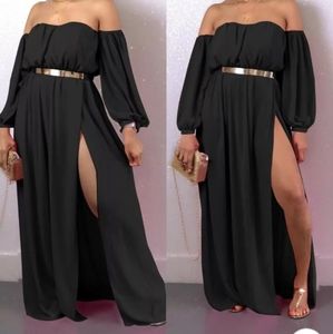 Black off shoulder high slit dress